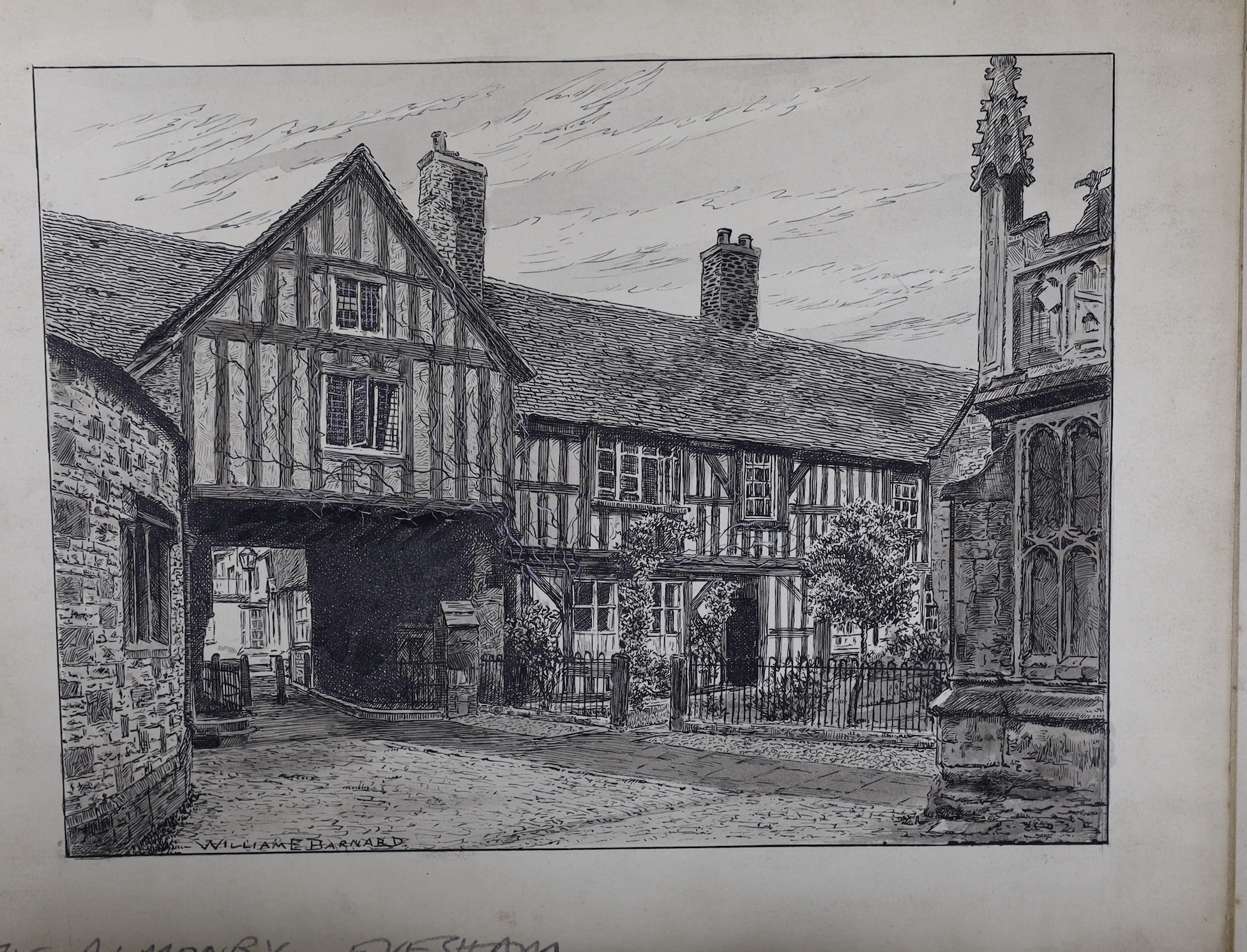 William E. Barnard, eight pen and ink drawings, Views of English towns - Clovelly, Evesham, Ipswich, Warwick, Chichester, Arundel, Canterbury and Dunster, signed, largest 19 x 26cm, unframed